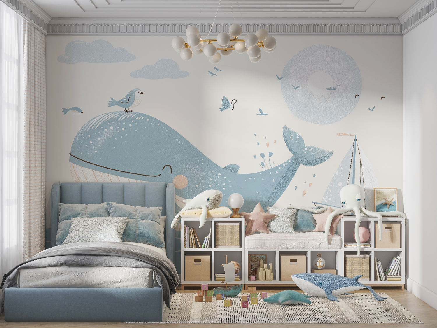 Papier Peint Enfant - Baleine Bleue Heureuse