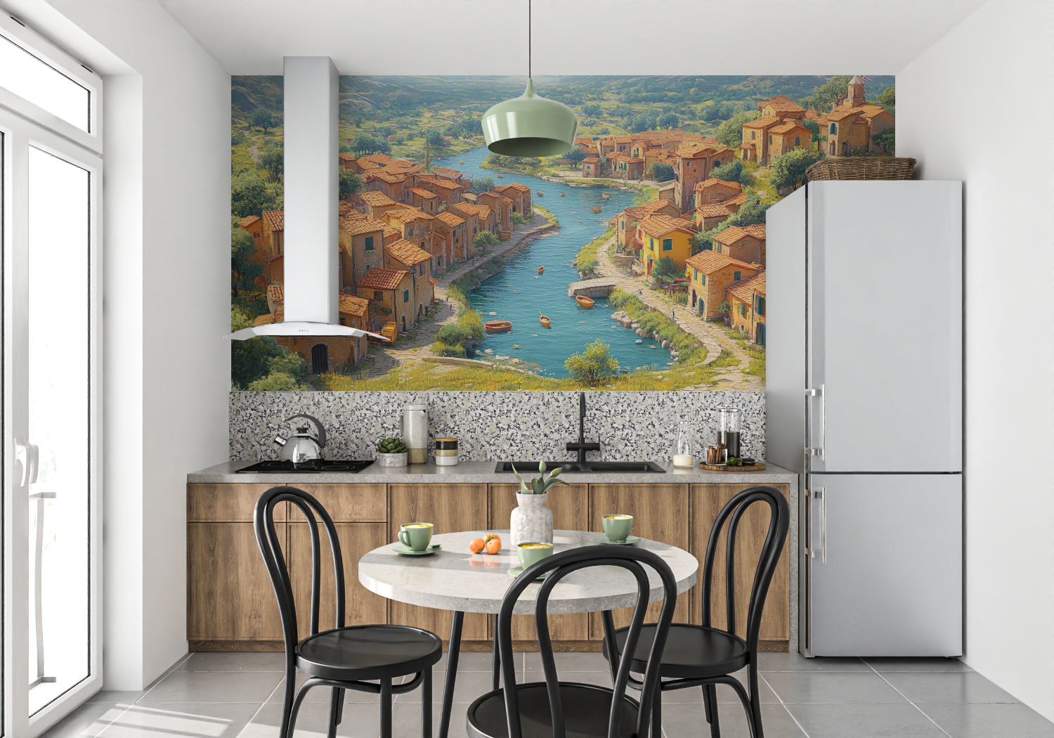 Papier Peint Paysage - Panorama de Village Italien en Bord de Lac