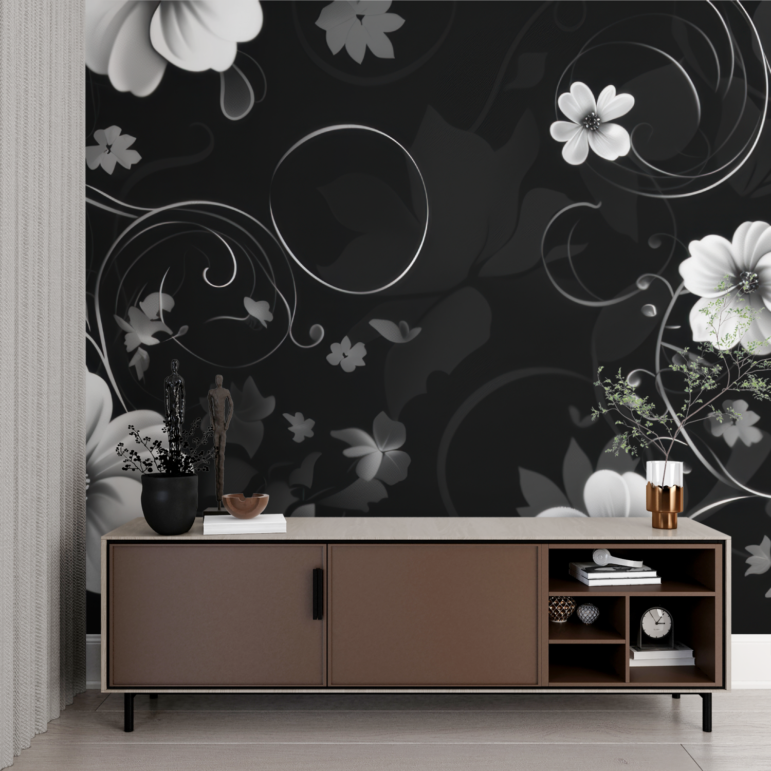 Floral Wallpaper - White Flowers on a Contrasting Black Background
