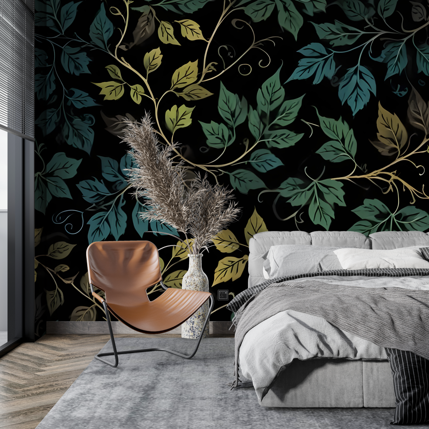 Papier Peint Floral - Feuillage de Nuit Vert et Noir