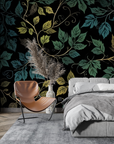 Floral Wallpaper - Green and Black Night Foliage