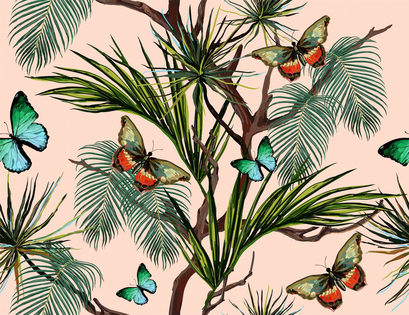 Tropical Wallpaper - Exotic Butterflies and Palm Trees
