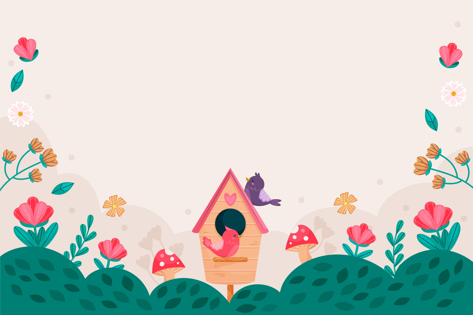 Papier peint Enfant – Nichoir oiseaux et fleurs printemps