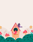 Children's Wallpaper – Birdhouse and Spring Flowers