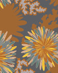 Papier peint fleuri - grands dahlias dorés et fond kaki sombre