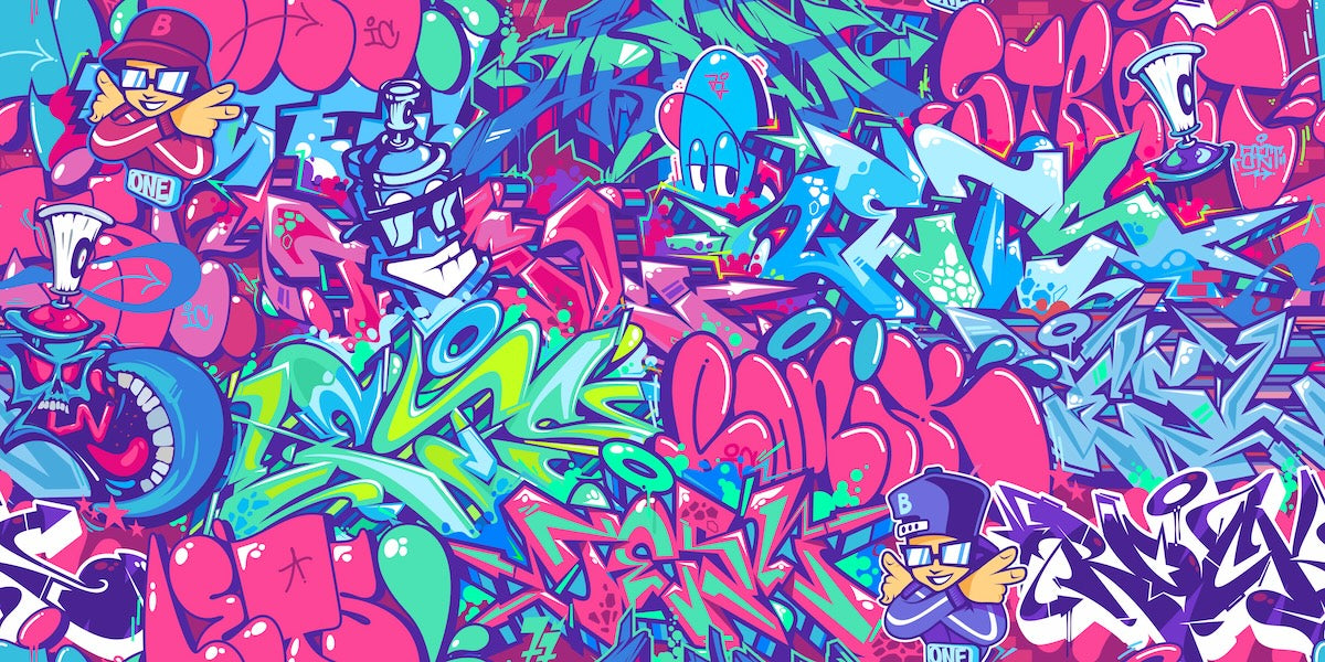 Papier peint graffiti - fresque de street art bleue et rose