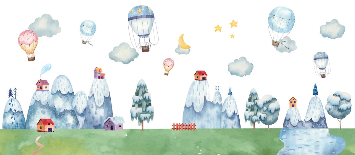 Papier peint enfants - montgolfières et animaux magiques