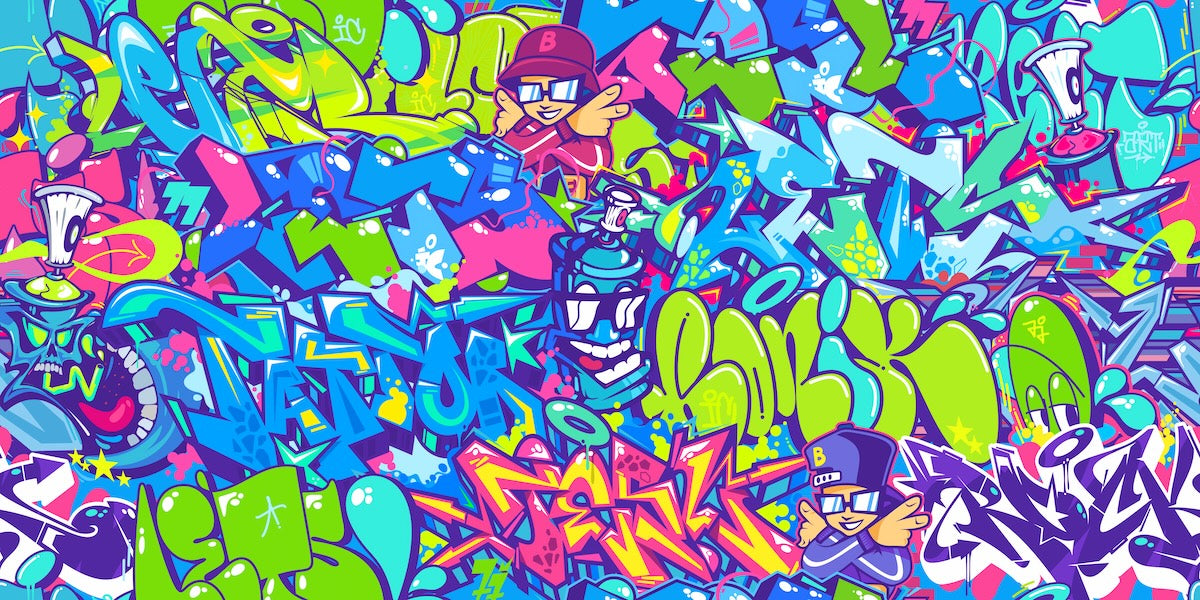 Papier peint graffiti - fresque de street art bleue et jaune