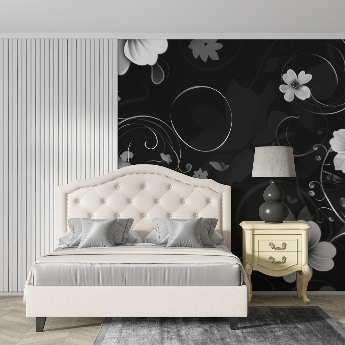 Papel tapiz floral - Flores blancas sobre fondo negro en contraste