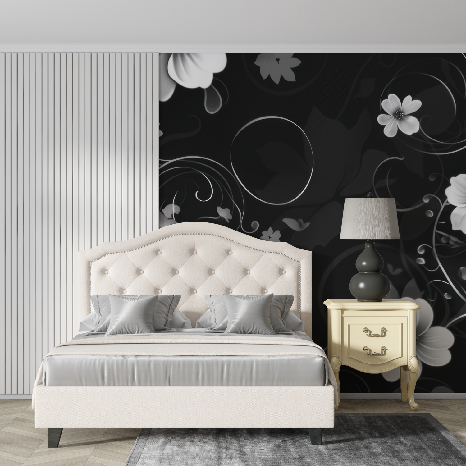 Floral Wallpaper - White Flowers on a Contrasting Black Background