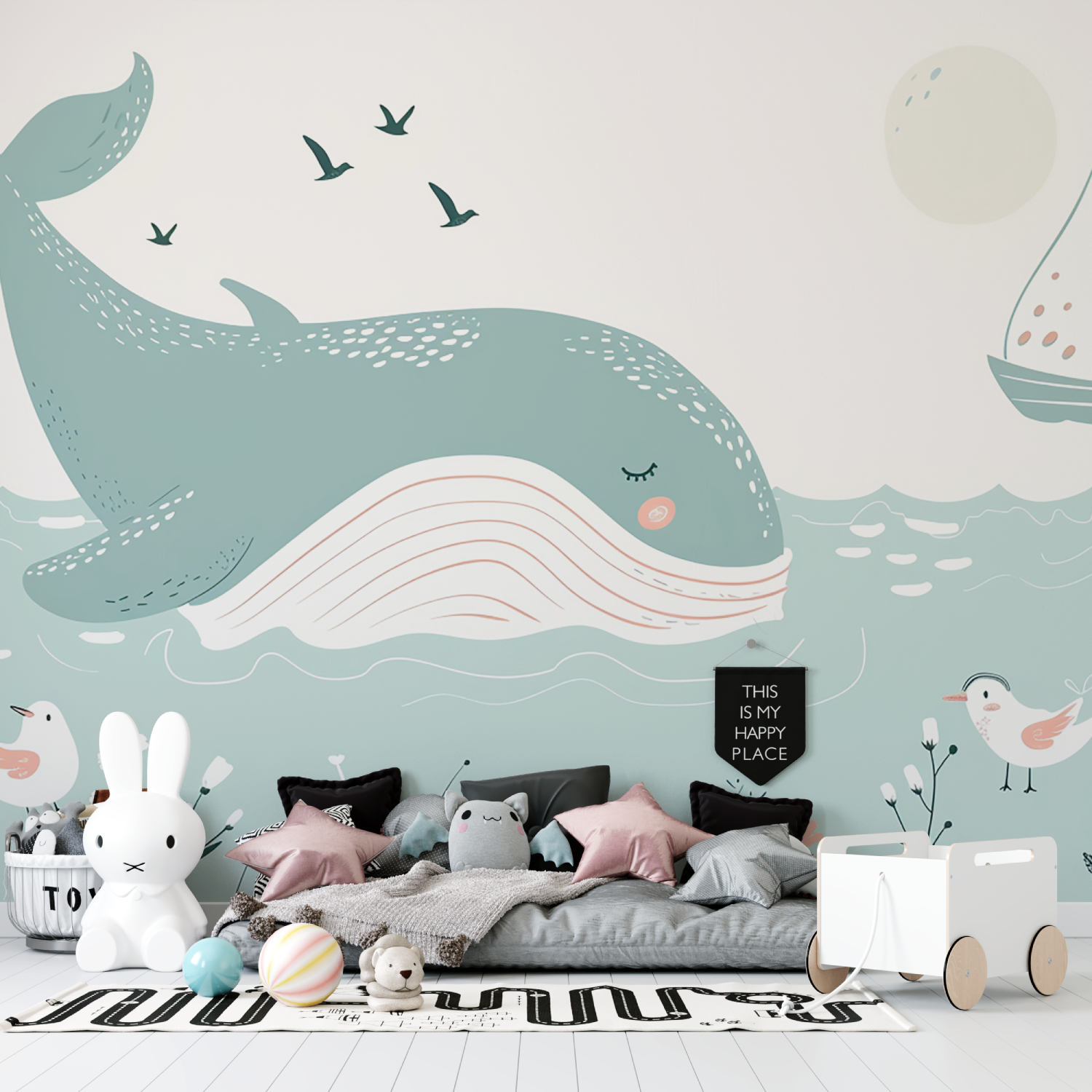 Children's Wallpaper - Dreamy Whale and Birds