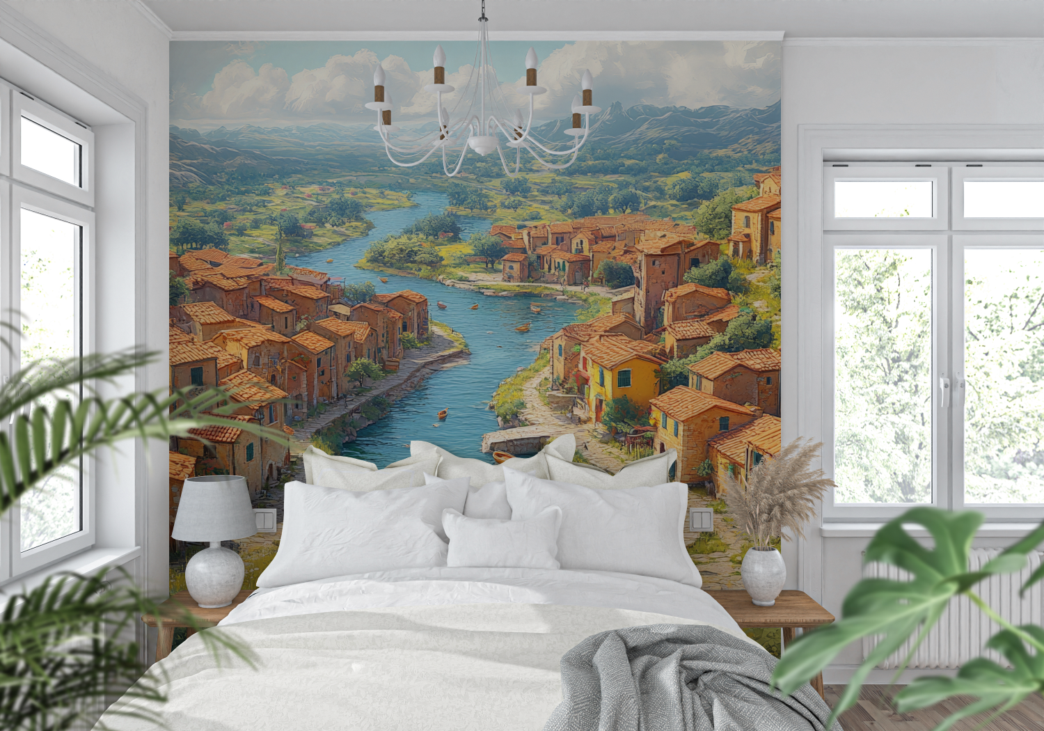 Papier Peint Paysage - Panorama de Village Italien en Bord de Lac