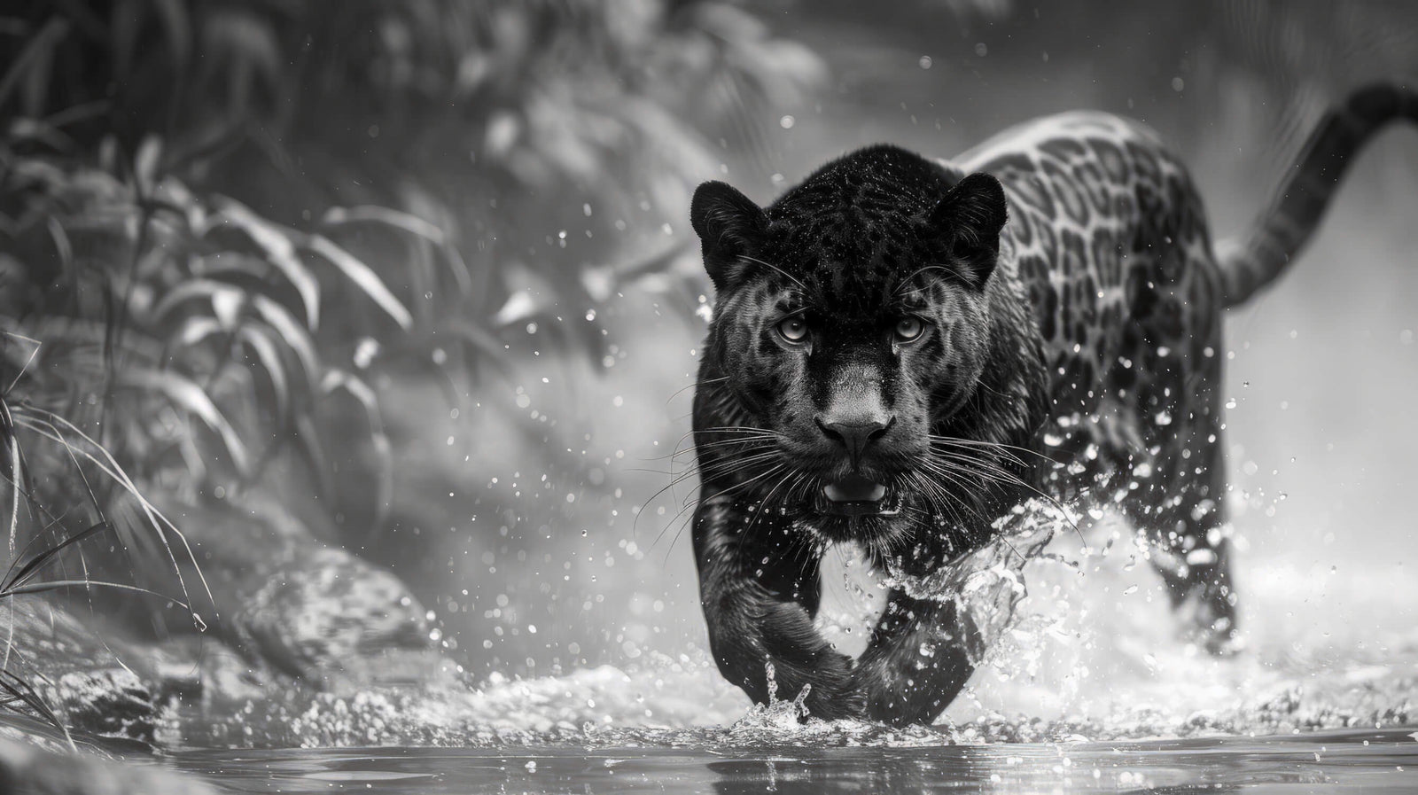 Papier Peint Animaux - Panthère Noire dans l'Eau Noir et Blanc
