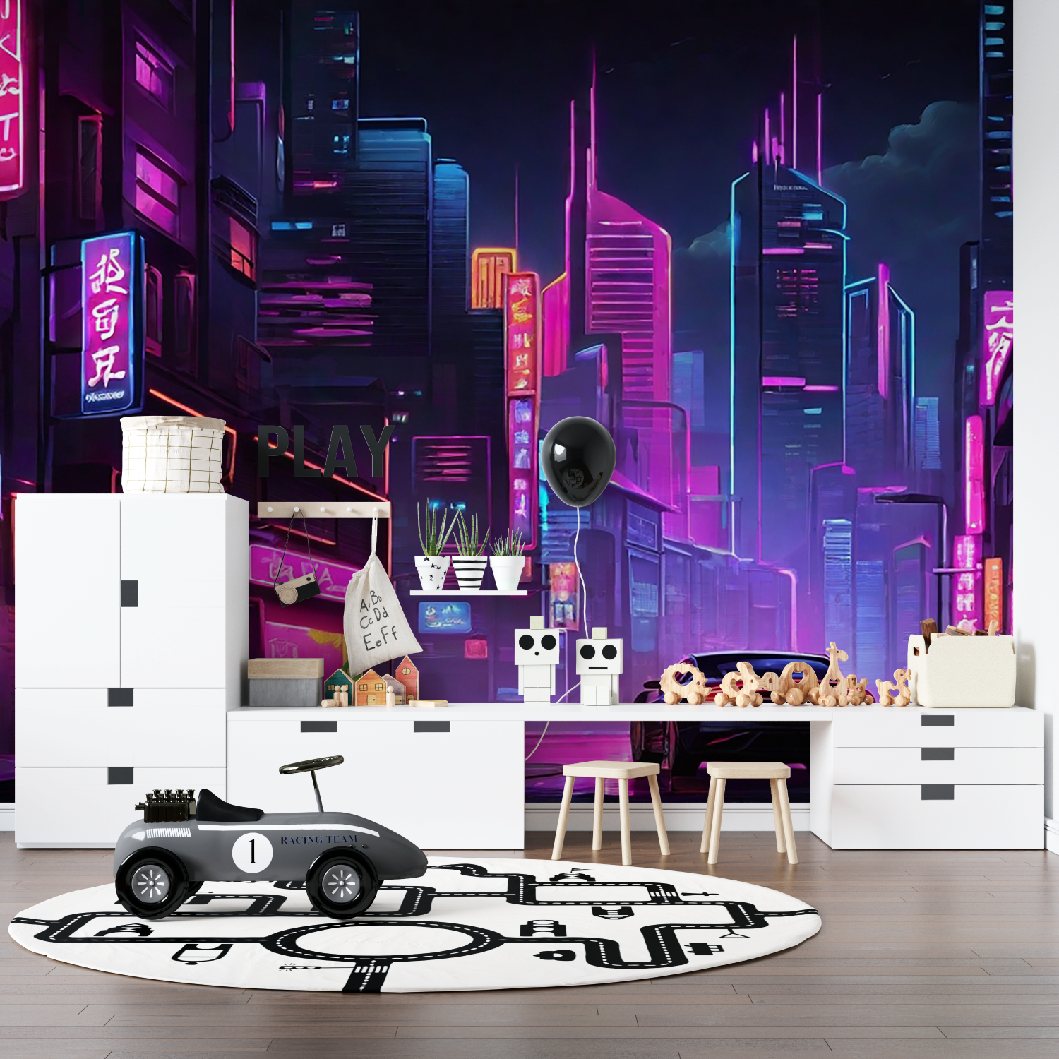 Papier Peint Gaming - Ville Cyberpunk et Lumières Néon