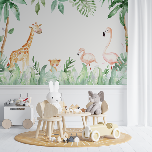 Papel tapiz infantil - Jirafa, flamencos y follaje tropical