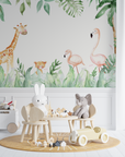 Papier Peint Enfant – Doux Safari avec Girafe et Flamants Roses