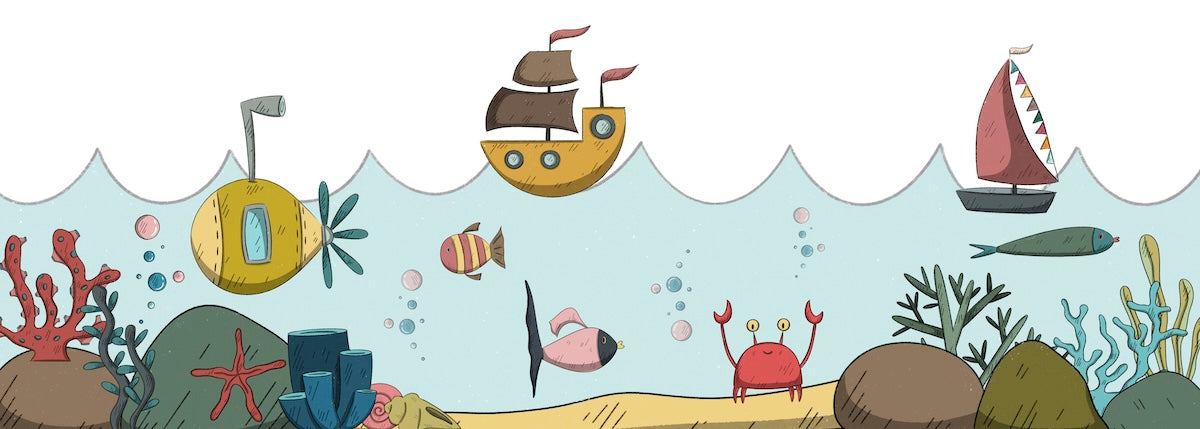 Papier peint enfants - petits bateaux et poissons sous la mer