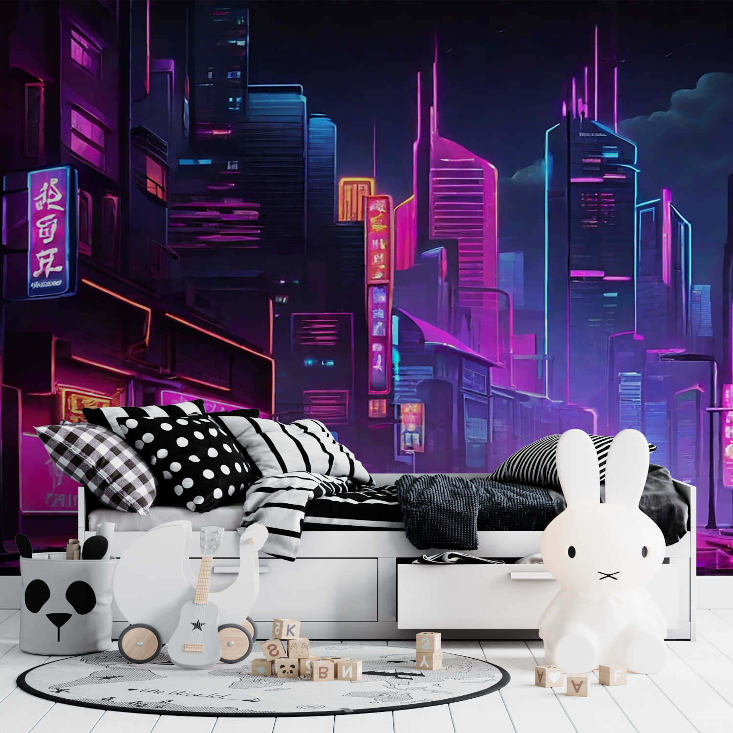Papier Peint Gaming - Ville Cyberpunk et Lumières Néon