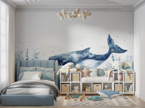 Children's Wallpaper - Midnight Blue Watercolor Whale