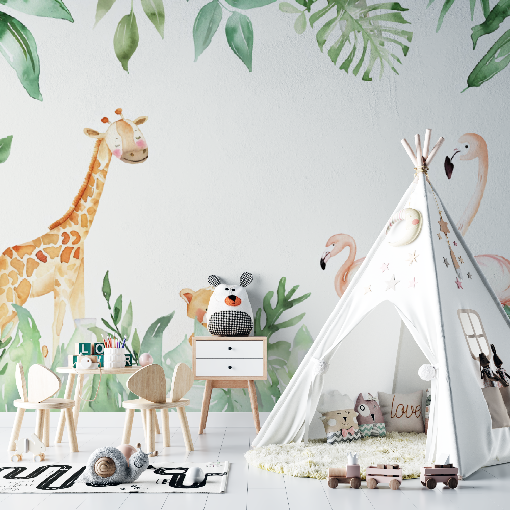 Children's Wallpaper - Sweet Safari with Giraffe and Flamingos