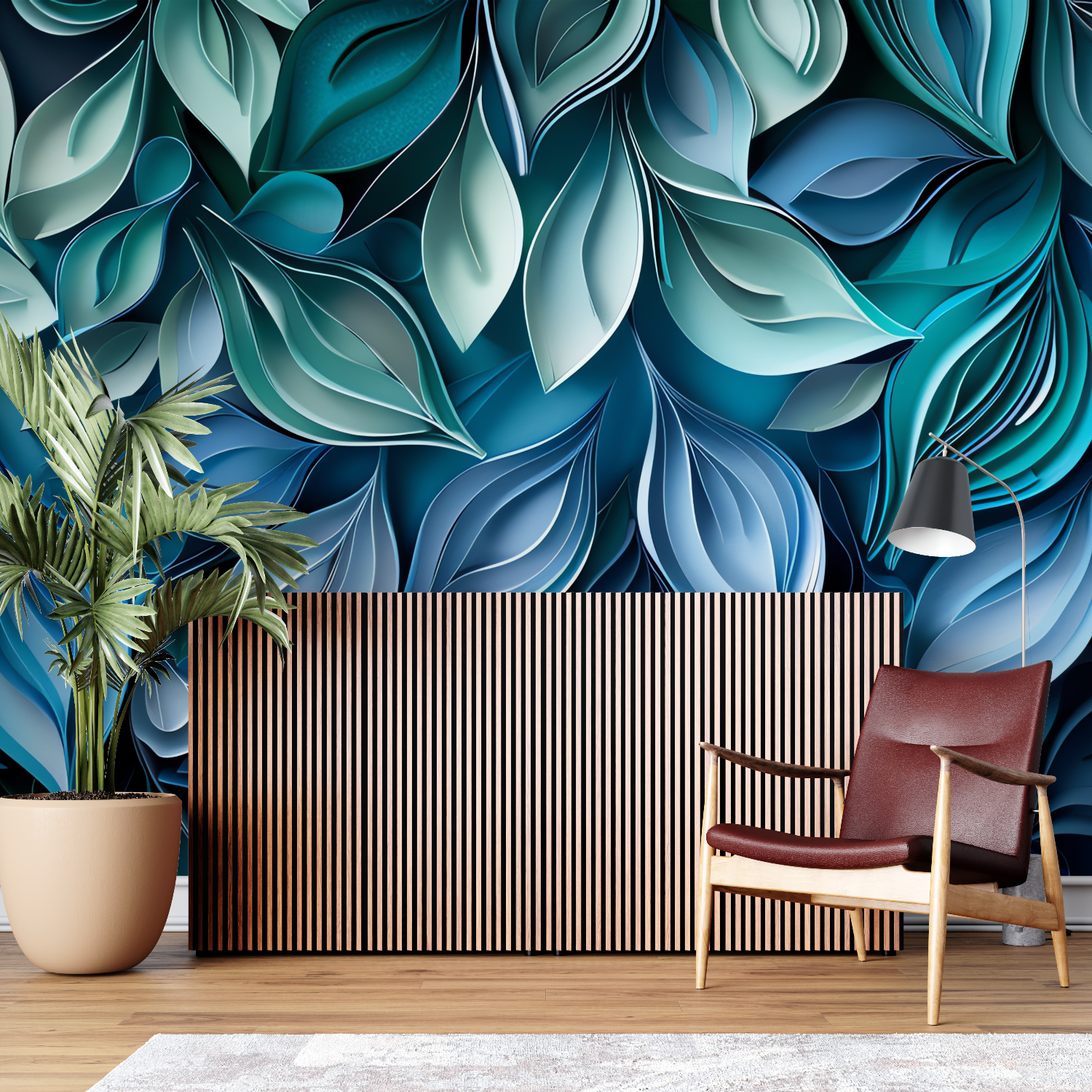 Foliage Wallpaper - Blue Leaves in Relief