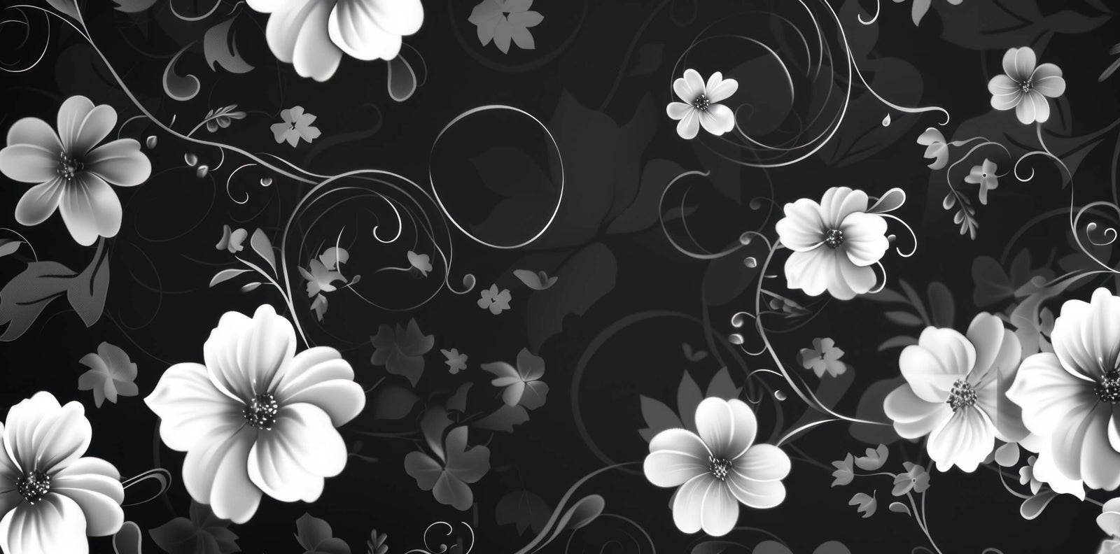 Floral Wallpaper - White Flowers on a Contrasting Black Background
