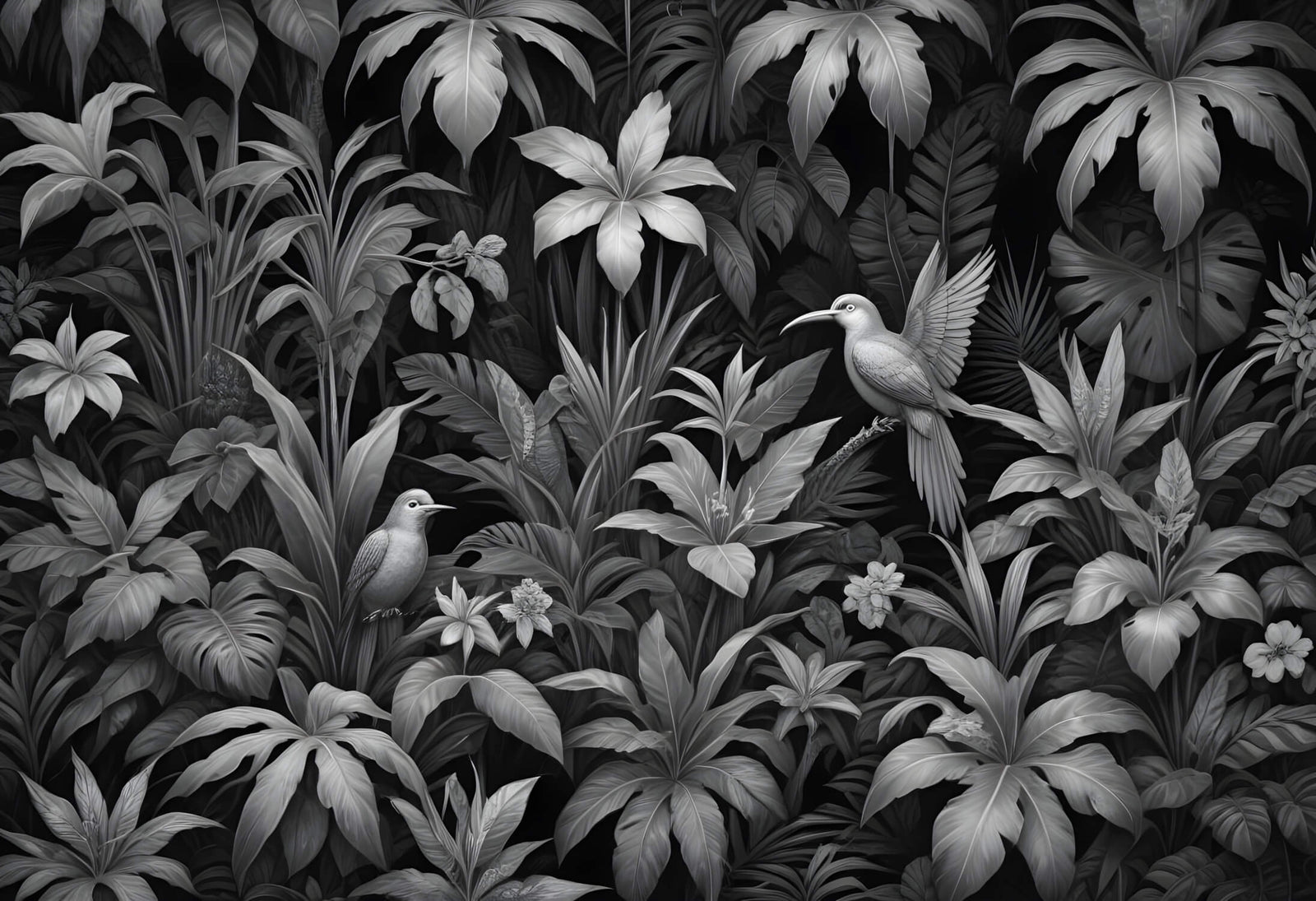 Papier Peint Tropical - Jungle Sombre et Oiseaux Exotiques