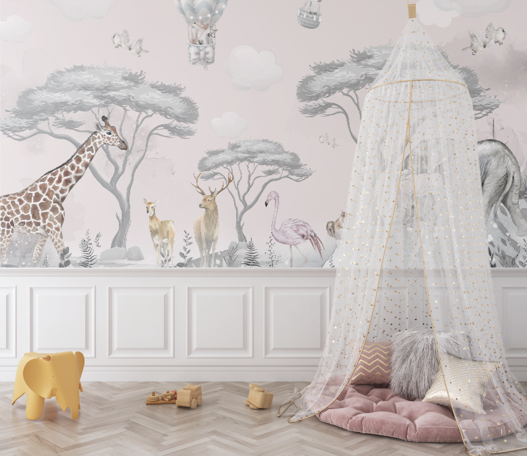 Children's Wallpaper - Pastel Safari and Hot Air Balloons