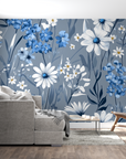 Papier Peint Floral – Fleurs Bleues et Blanches