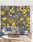 Floral Wallpaper - Lemon Yellow Flowers and Foliage