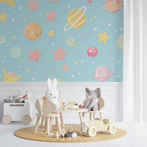 Kinder-Tapete - Pastellplaneten und verträumte Sterne