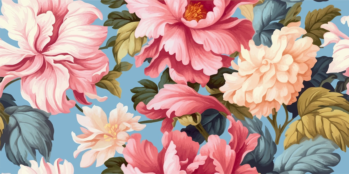 Papier peint fleuri - pivoines multicolores rétro