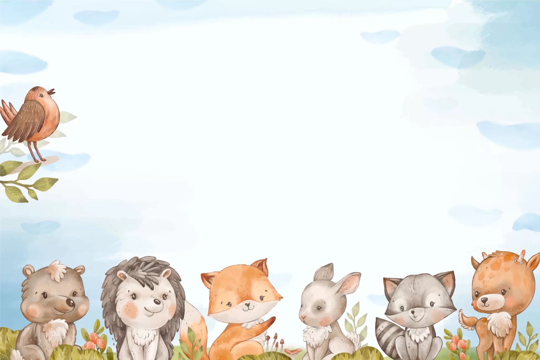 Papier Peint Enfant - Biches Renards Hérisson Et Lapins