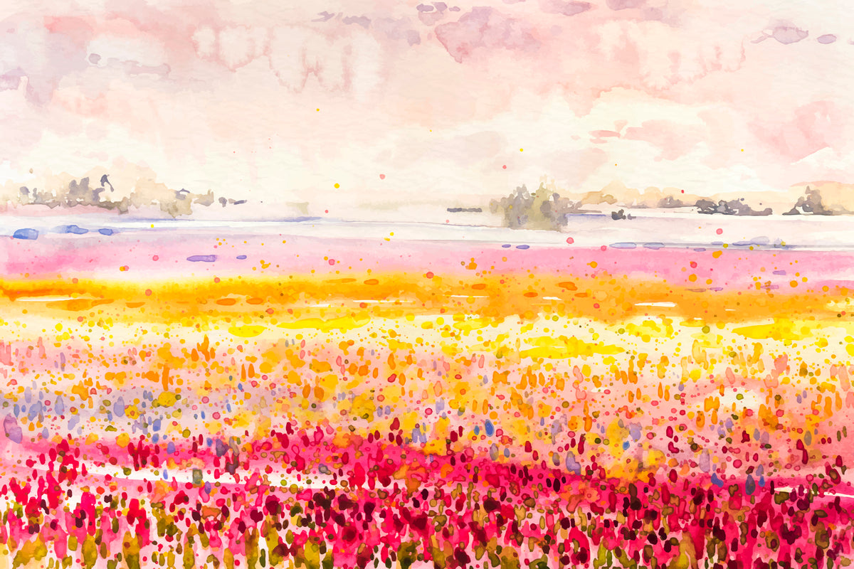 Papier peint paysage - Champ fleuri aquarellé