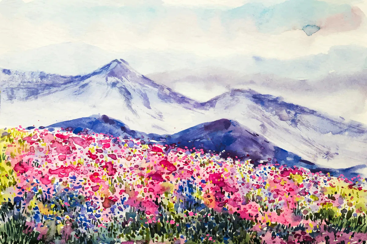 Mountain Wallpaper - Watercolor Floral Landscape
