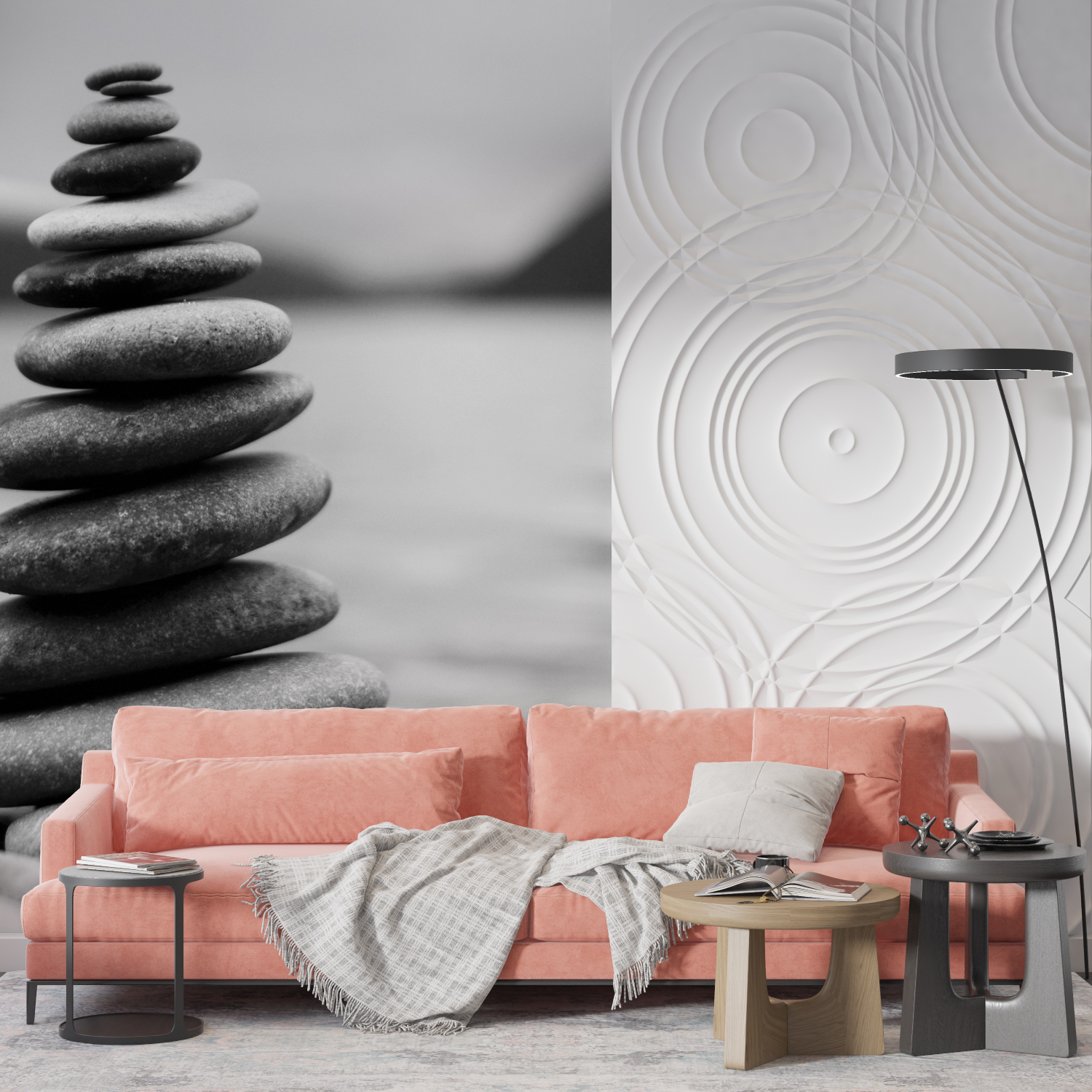 Papier Peint Japonais - Pyramide de Galets Zen Noir et Blanc
