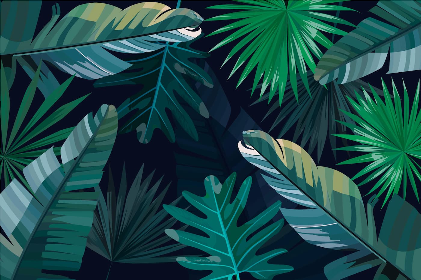 Papier Peint Feuillage - Jungle Abstraite et Feuilles Bleutées