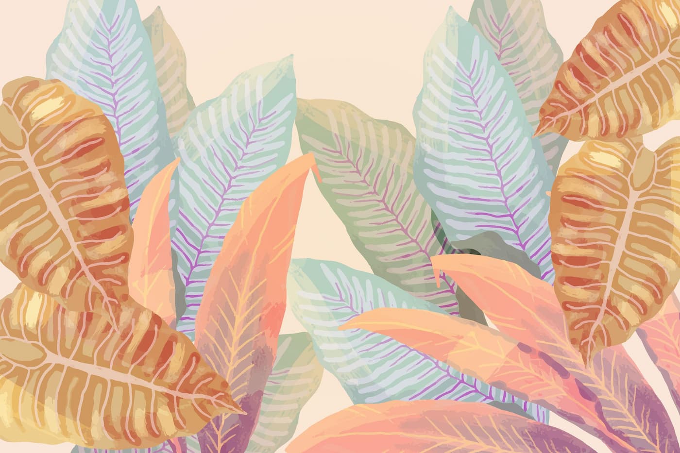 Foliage Wallpaper - Large Leaves in Pastel Shades