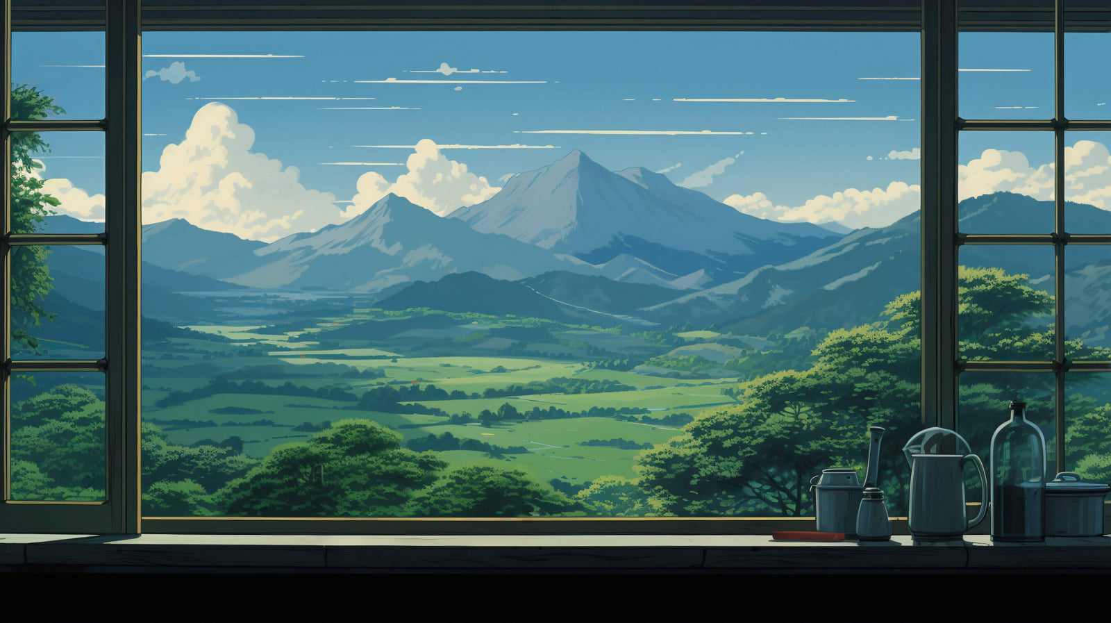 Papier Peint Paysage - Fenêtre Ouverte sur les Montagnes Vertes