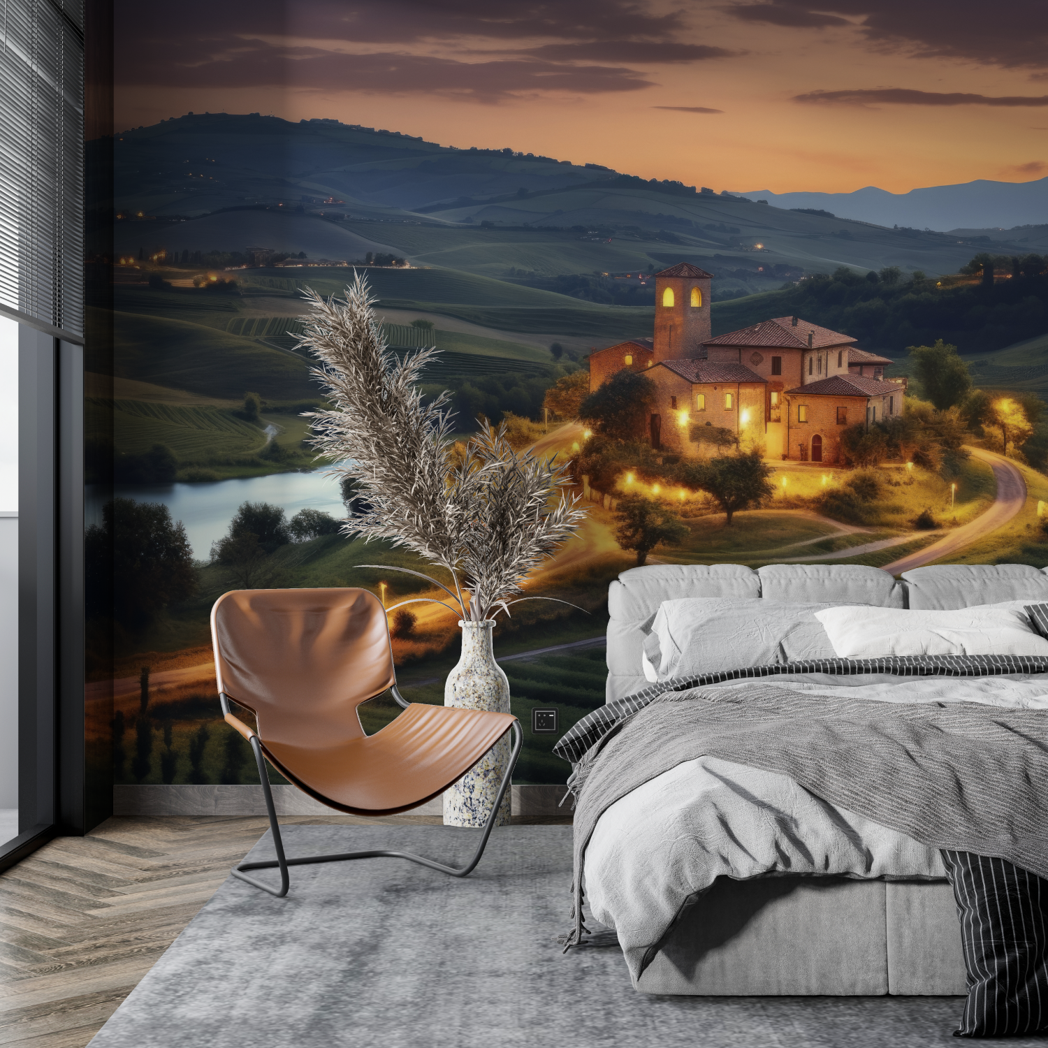 Papier Peint Paysage - Village Perché et Château au Soleil Couchant