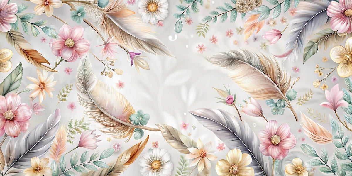 Papier peint boho - plumes et fleurs sauvages pastel