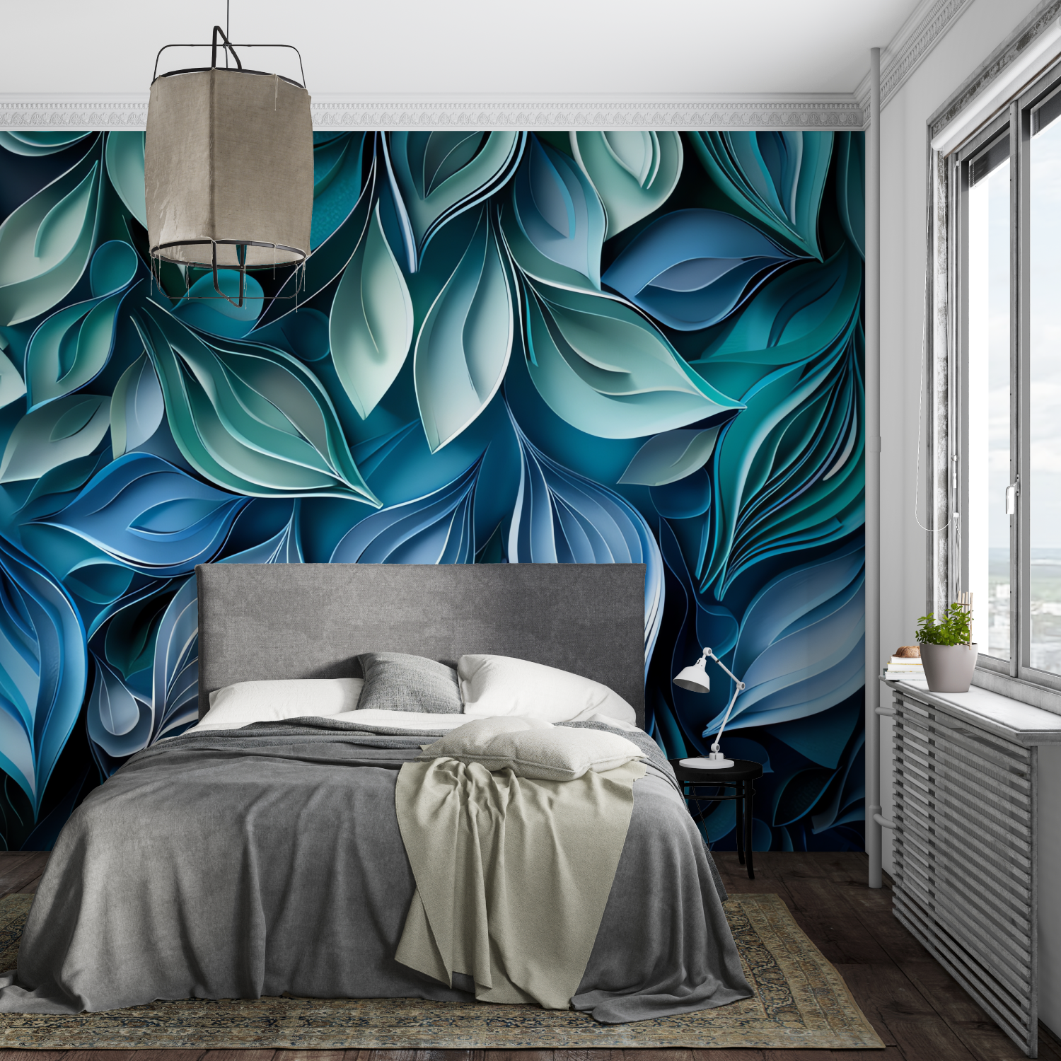 Foliage Wallpaper - Blue Leaves in Relief