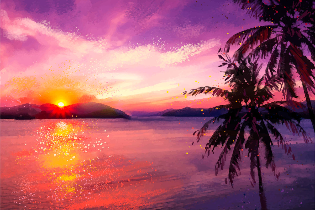 Papier peint tropical - Palmiers au bord de l'eau au coucher du soleil