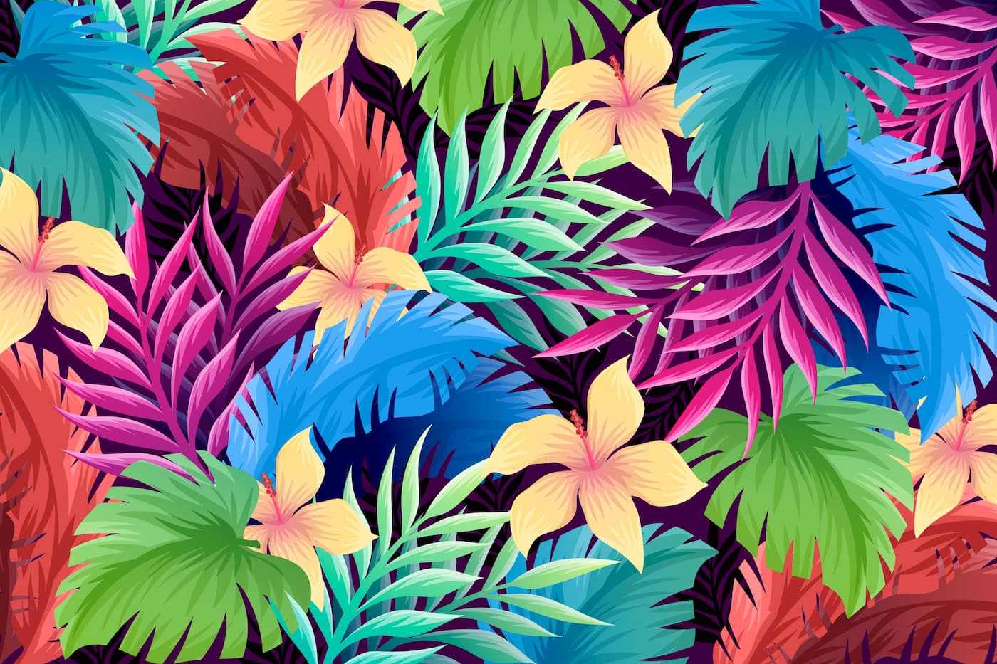 Papier Peint Tropical - Fleurs et Feuilles Colorées
