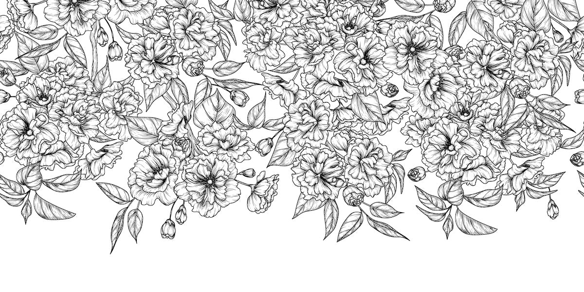 Papier peint nature - bouquet de fleurs en noir et blanc