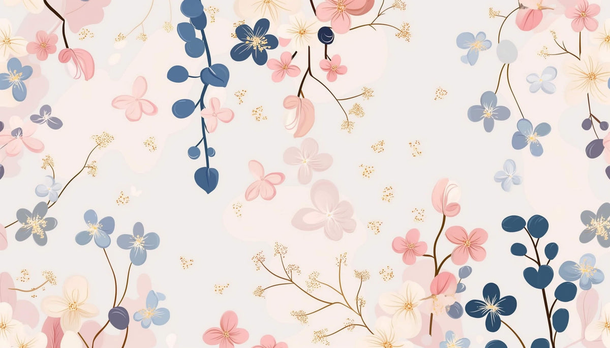 Papier peint floral - Petites fleurs roses et bleues sur fond blanc