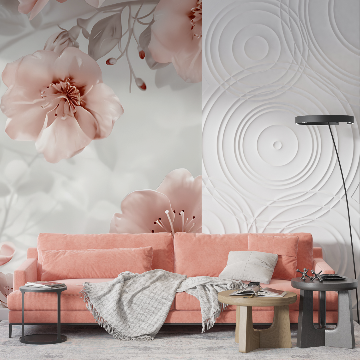 Vintage Pink and Grey Floral Wallpaper