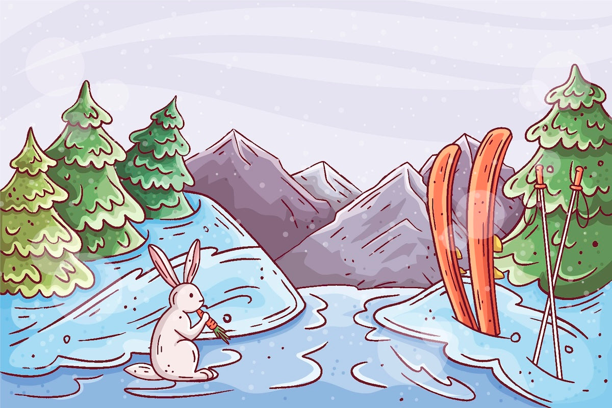Papier peint enfants - lapin sur des skis à la montagne