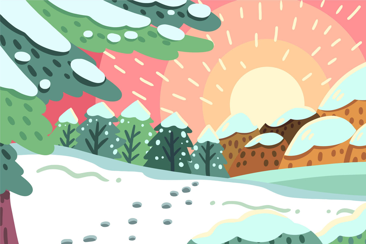 Papier peint enfant - Paysage hivernal, soleil et traces de pas