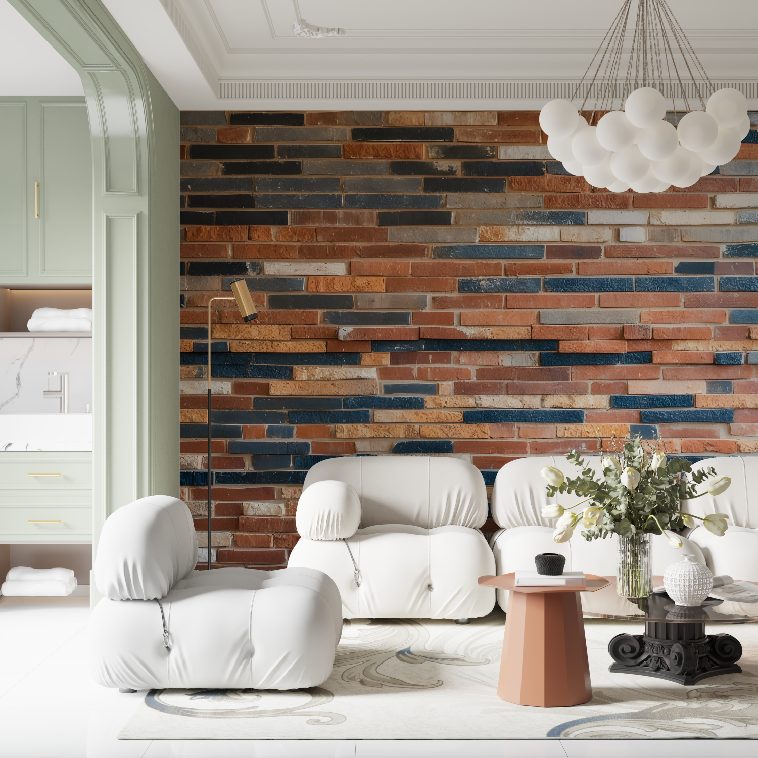 Non-woven wallpaper with trompe l'oeil effect, imitating a brick wall